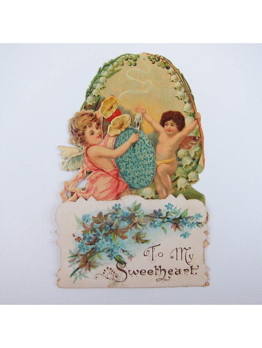 Vintage Valentine 3D Pop Up Die Cut Angel Boys Dance Drum Music Blue Flowers